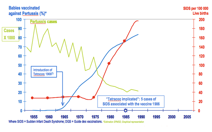 Graph 1: Cases of cot death and DTP vaccination coverage up to the 1990s. (Modified from Hatton F et al. Trends in infant mortality in France: frequency and causes from 1950 to 1997. Arch Pediatr 2000). Green line: cases of pertussis; blue line: percentage of children vaccinated with DTP; red line: cases of cot death for every 100,000 live births.
