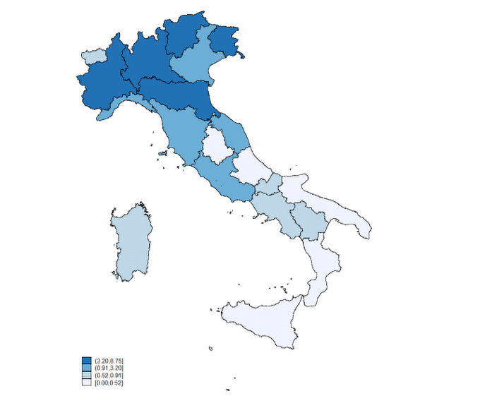 Reporting rate of invasive pneumococcal bacterial disease in Italy (number of reported cases per 100,000 population) per Region, 2017